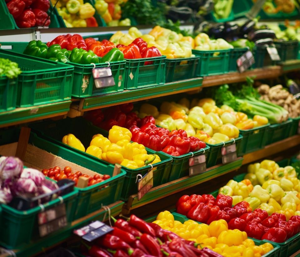 Ethical supermarkets, loose vegetables in supermarket crates